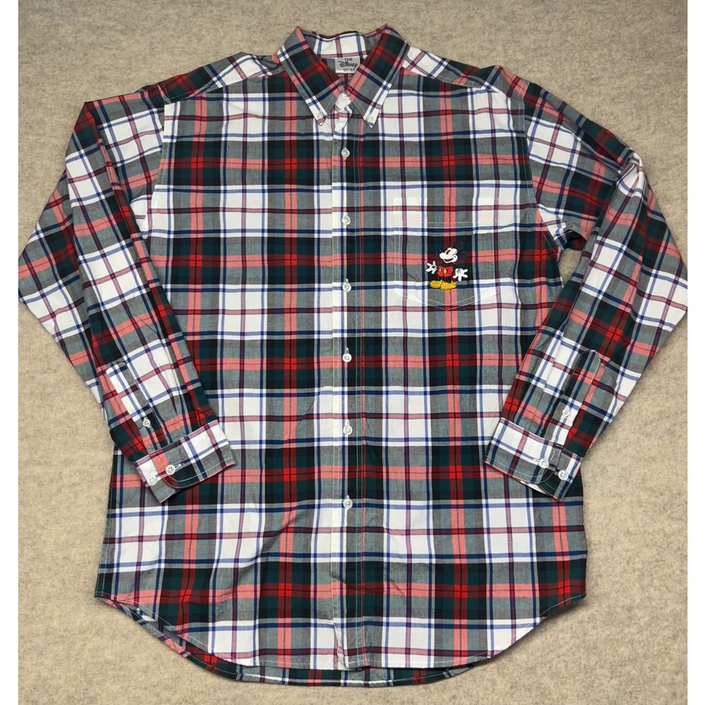 Disney Store Button Down Shirt Mens M Red/Green/Blue/White Plaid Mickey Mouse